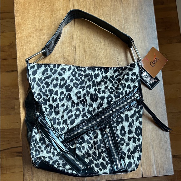 Guess Handbags - Carlos Santana Black and Gray Leopard /Zipper Shoulder Bag